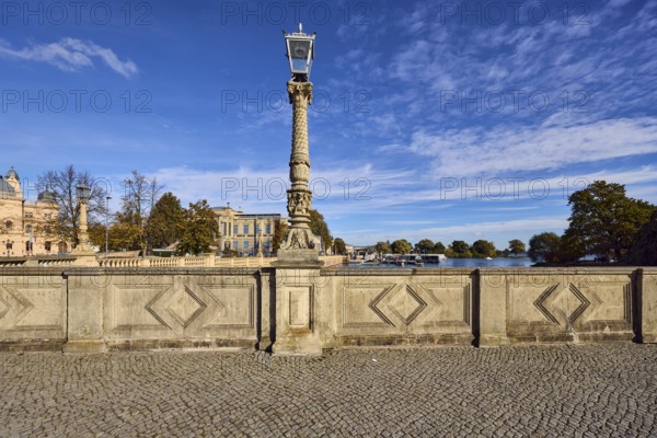 Sandstone wall, lantern, paving stone sidewalk, general architecture, trees, Schweriner Innensee