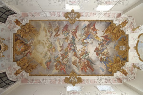 Baroque ceiling fresco by Johann Nikolaus Stuber, looking up, interior photo, handicrafts, ceiling