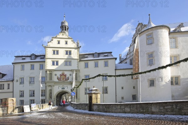 Portal of the Teutonic Order Castle in winter with snow, Castle, Bad Mergentheim, Tauber Franconia,