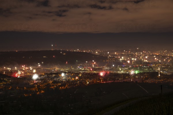 View from Kapellberg near Fellbach across the Neckar Valley to Stuttgart on New Year's Eve from