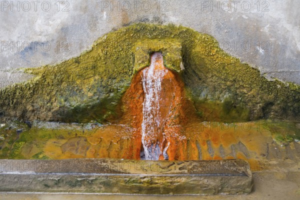 Rust-brown water flows from a spring in a concrete wall surrounded by eroded mineral deposits,