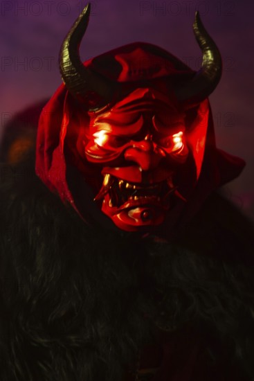 Krampus with glowing eyes, fog, murmurs, winter, Waldburg Castle, Allgäu, Baden-Württemberg,