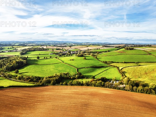 Colours of Devon Farms and Fields over Paignton and Berry Pomeroy from a drone, Totnes, England,
