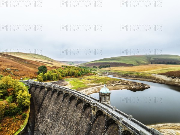 Autumn over Craig Goch Dam from a drone, Elan Valley Reservoirs, Elan Valley, Rhayader, Powys,