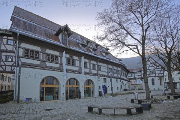 Holy Spirit Hospital built in 1424 and prehistory museum, half-timbered house, Blaubeuren, Swabian