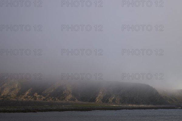 Misty coastal landscape with rocks creating a mystical and gloomy atmosphere, Båtsfjord, Finnmark,