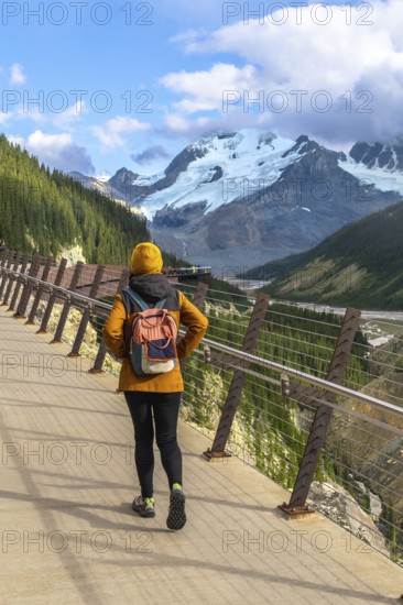 Hiker walking along the glass floored skywalk enjoying the scenic view of the athabasca glacier and