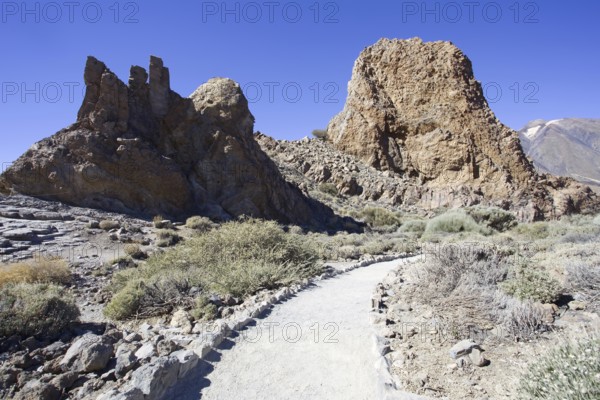 Hiking trail leads through impressive rocky landscape, Pico del Teide National Park, La Orotava