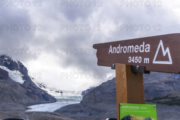 Wooden sign indicating andromeda mountain with athabasca glacier in the background, a popular