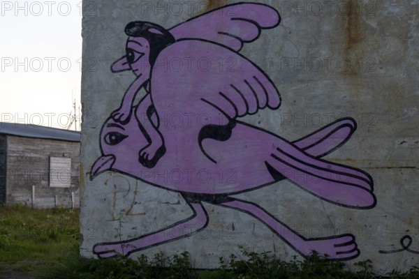 Mural depicting a man riding on a seagull. By Husk Mit Navn. Vardö street art phenomenon created by