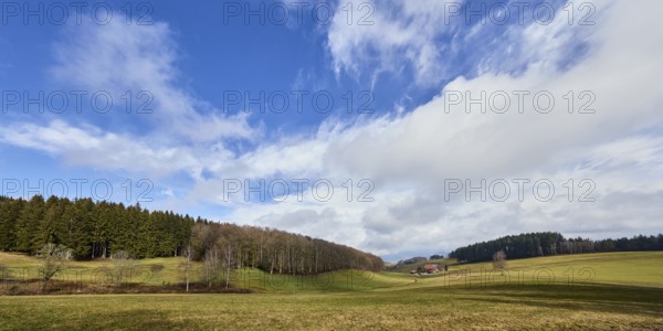 Landscape photography, hilly landscape, hills, coniferous forest, trees, meadow, cloud shadow, blue