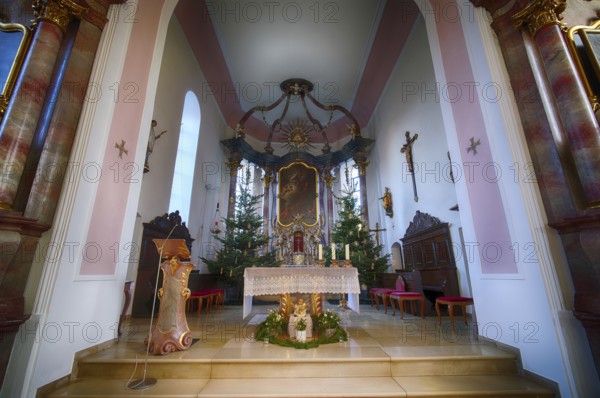 Interior view, choir room, altar, Catholic Saint Barbara church from 1783, baroque, Christmas