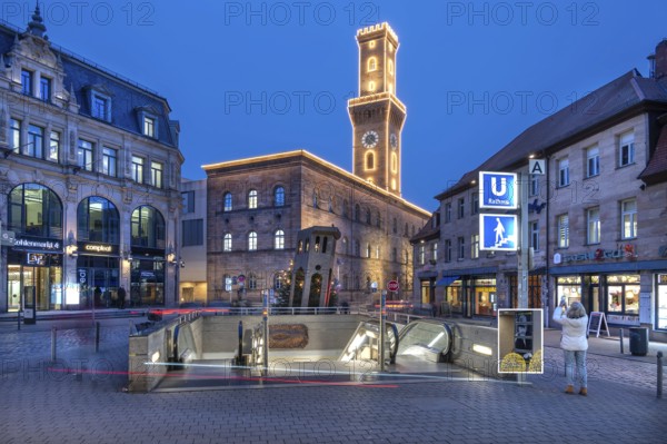 Fürth Town Hall in evening lighting, the tower is imitated the tower of the Palazzo Vecchio in
