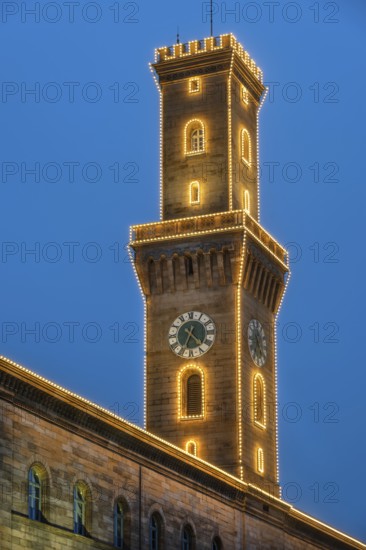 Fürth Town Hall Tower in evening lighting, the tower, is imitated the tower of the Palazzo Vecchio