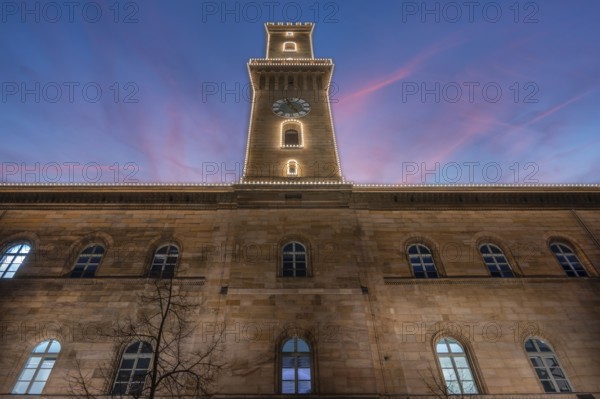 Fürth Town Hall in evening lighting, the tower, is imitated the tower of the Palazzo Vecchio in
