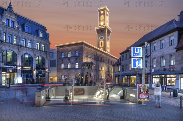 Fürth Town Hall in evening lighting, the tower is imitated the tower of the Palazzo Vecchio in