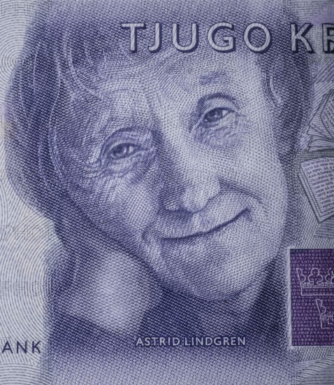 Astrid Lindgren (1907–2002) is one of Sweden's most famous authors. Portrait on Swedish 20-kroner