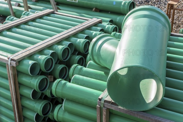 Symbolic picture construction site, sewage pipes for dirty and rainwater, for installation in the