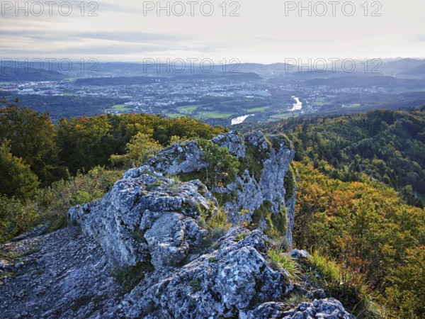 View from the Gisliflue of an autumnal forest with the Jura foothills behind, Talheim, Canton of