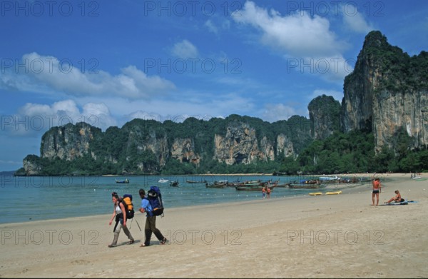 People, longtail boats, beach, Railay West, two years in front of the tsunami, Krabi, Thailand,