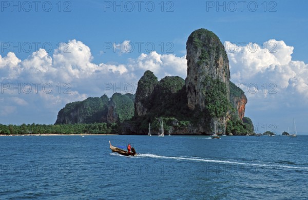 Longtail boat, rocks in the sea, Railay East, two years in front of the tsunami, Krabi, Thailand,