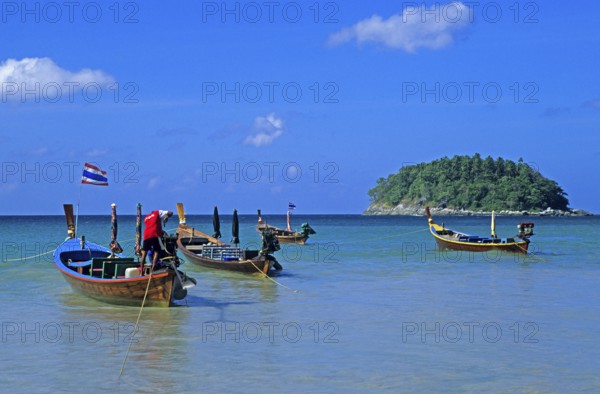 Longtail boats, island, Kata Beach, two years in front of the tsunami, Ko Phuket, Thailand,