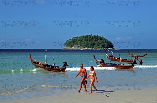 Longtail boats, people, island, Kata Beach, two years in front of the tsunami, Ko Phuket, Thailand,