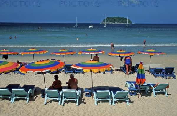 People, umbrellas, boats, island, Kata Beach, two years in front of the tsunami, Ko Phuket,