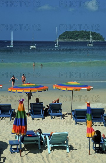People, umbrellas, boats, island, Kata Beach, two years in front of the tsunami, Ko Phuket,