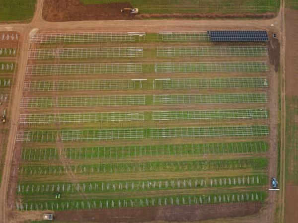 Aerial view of a solar plant on green fields with visible technical structures, energy transition,