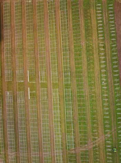 Pattern of solar system frames in fields, from a bird's eye view, Energiewende, construction of PV