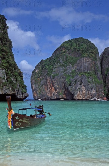 Longtail boat on Maya Bay beach, known from the movie The Beach, one year in front of the tsunami,