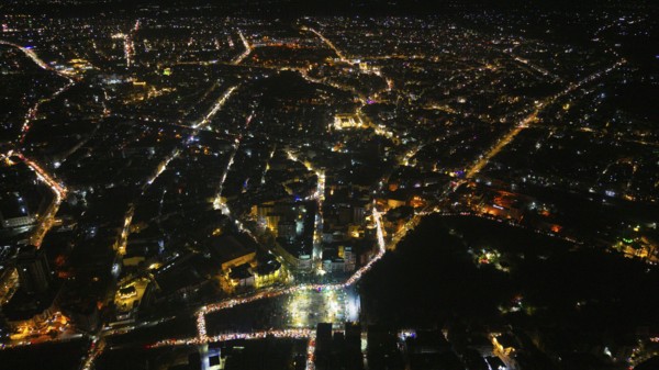 A Drone night view of Aleppo, Syria on December 19, 2025, showing illuminated streets, dense