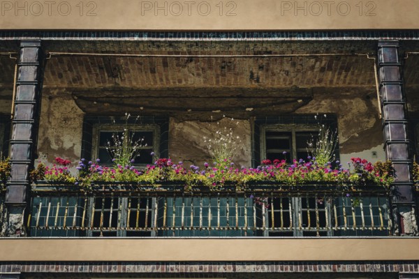 Façade with balcony and flower boxes, Lost Place, Heilstätten Beelitz, Brandenburg