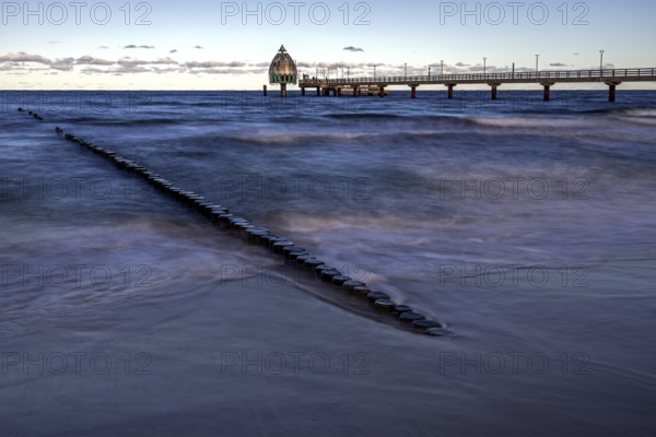 Groes and pier with diving gondola, long exposure, evening light, Zingst, Fischland-Darß-Zingst,