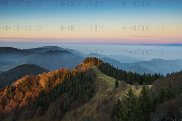 View from Belchen, morning mood with fog in autumn, sunrise, Belchen, Black Forest, Southern Black