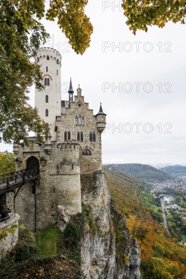Castle and autumnal forest, Lichtenstein Castle, Honau, Echaz Valley, Swabian Jura,