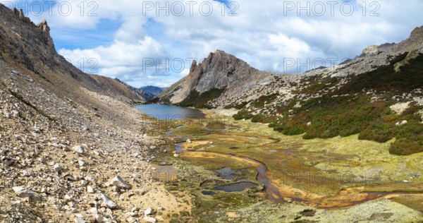 Aerial view, epic panorama, large glaciers, glacial lakes Lago de los Tres Laguna Sucia and Laguna