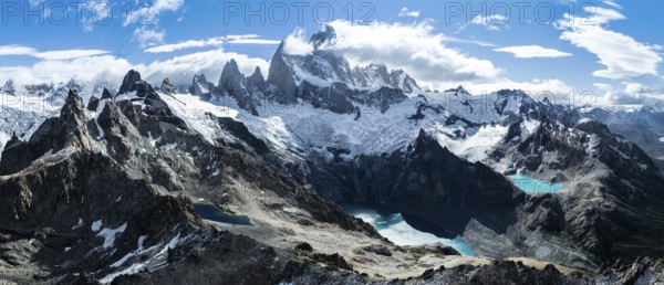 Aerial View, Epic Panorama, Large Glaciers, Lago de los Tres Laguna Sucia Glacier Lakes, Mountains