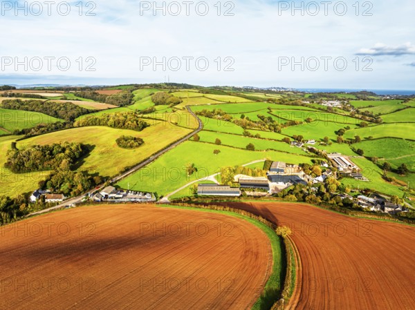 Colours of Devon Farms and Fields over Paignton and Berry Pomeroy from a drone, Totnes, England,