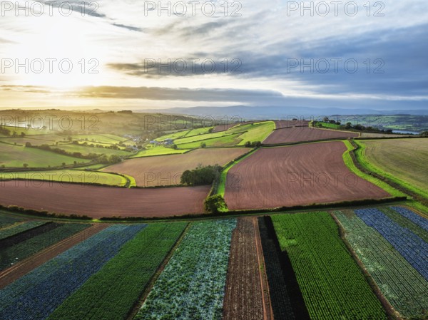 Colours of autumn Fields and Farms over Sheldon from a drone, Torbay, Devon, England, United
