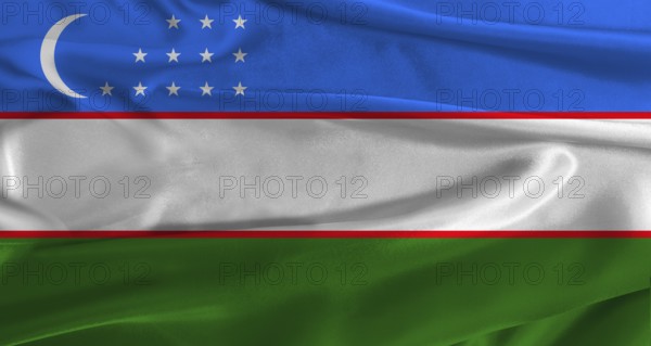 Flag of Uzbekistan with fabric textured background. Close up of National flag of Uzbekistan with