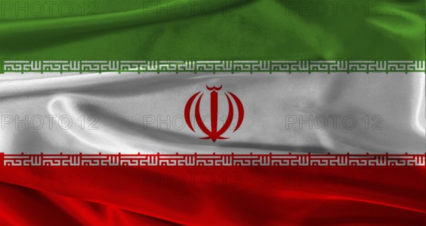 Flag of Iran with fabric textured background. Close up of National flag of Iran with realistic