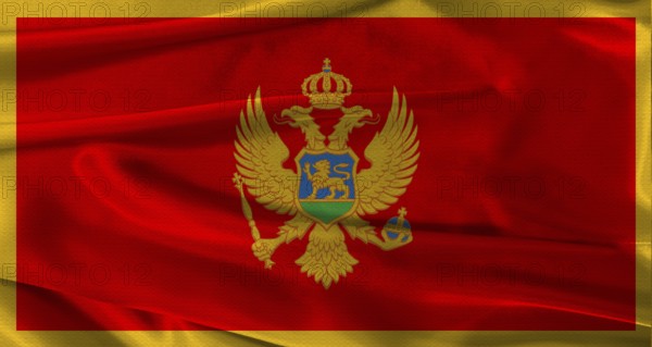 Flag of Montenegro with fabric textured background. Close up of National flag of Montenegro with
