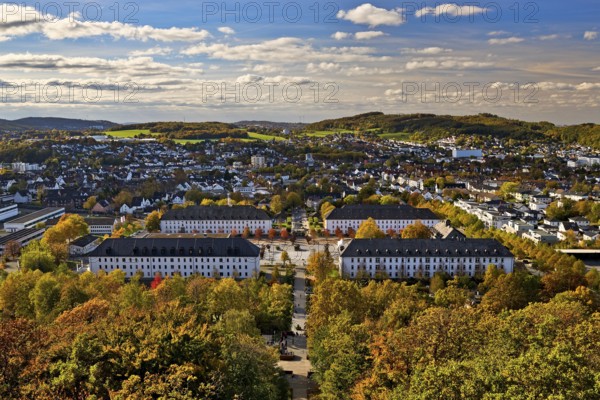 View from the Jübergturm of Sauerland Park in autumn and the city center of Hemer, Märkischer