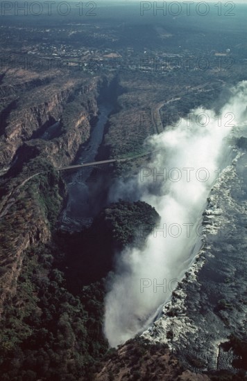 Aerial view, Victoria Falls, Zambezi, Zambezi Bridge, Zimbabwe, Africa, June 2000, vintage, retro,