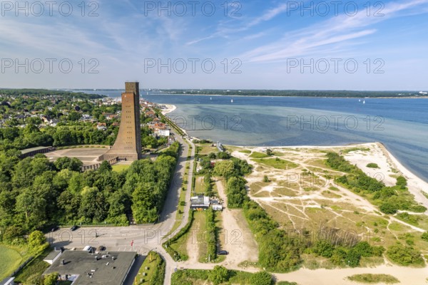 Laboe with the naval memorial, beach and dune landscape on the Kiel Fjord seen from above, Laboe,