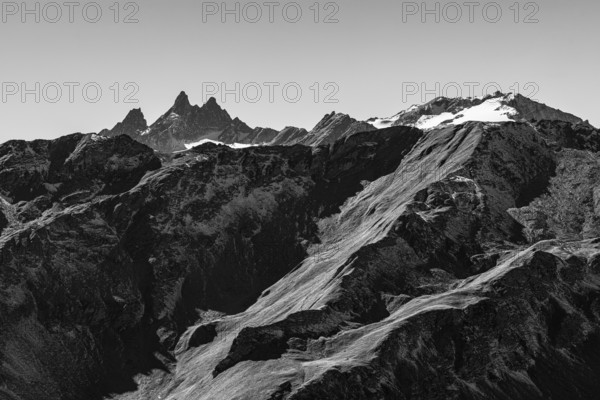 Snowy peaks of the Pointe de Moiry mountains, black and white photo, Val d'Anniviers, Valais Alps,