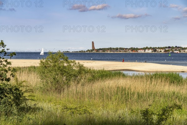 View of Laboe from Falkensteiner Beach with the Naval Memorial on the Kiel Fjord, Kiel,