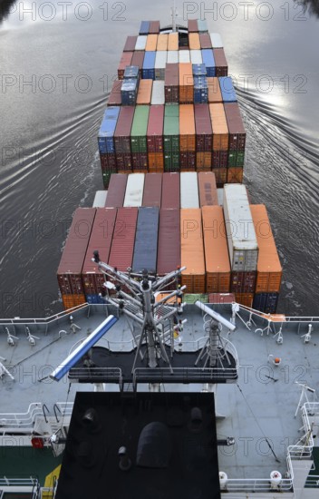 Aerial view of shipping container, container ship NORDIC PORTO photographed from above, Kiel Canal,